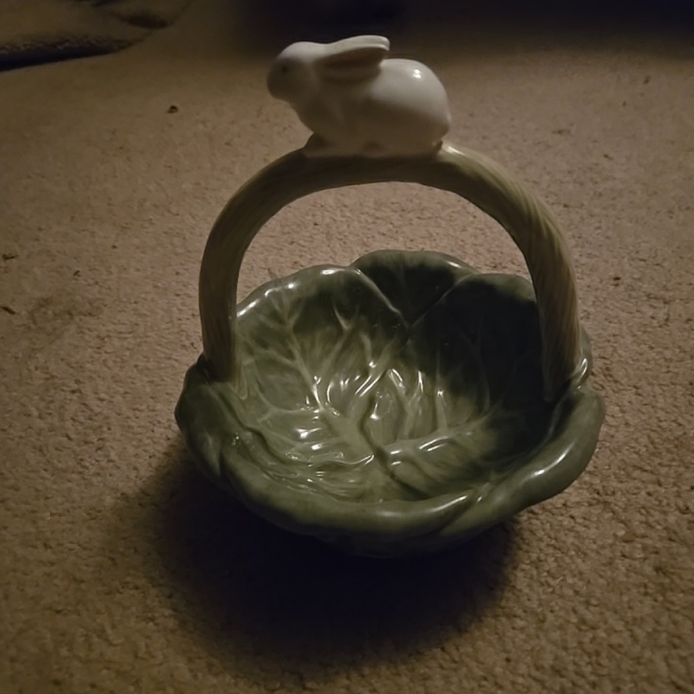 Department 56 Green and White Accent Basket with Lotus Design
